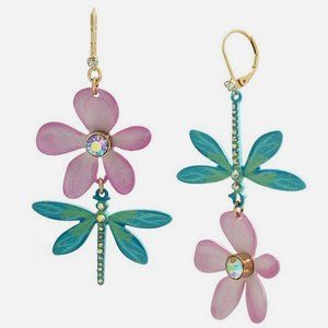 Betsey Johnson Dragonfly and Flower Mismatch Drop Earrings Gold Pink Blue NWT